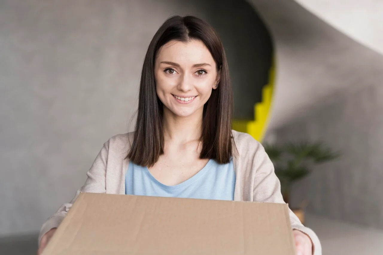 smiley-woman-holding-cardboard-box